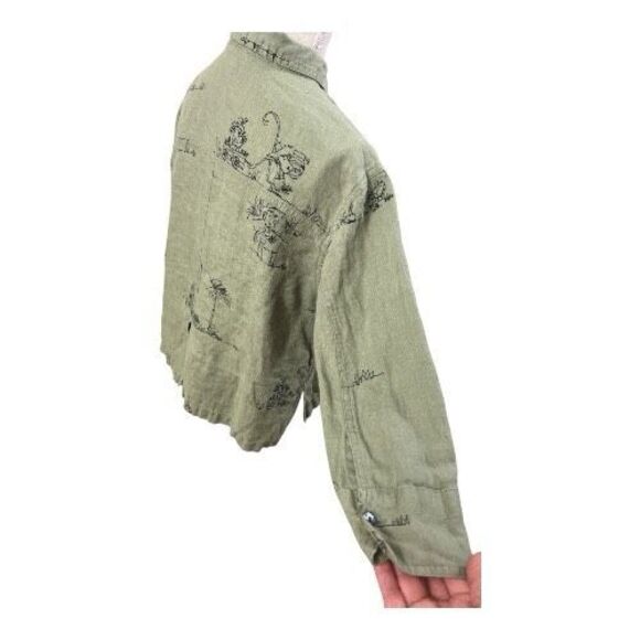 Chico's Sage Green Linen Monkey Print Button-Up Shirt Size 0 (4) Slit 3/4-Sleeve - Picture 8 of 13